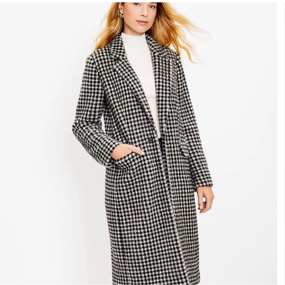 LOFT Houndstooth Black and White Trench Coat Petite Small (women’s P4 - P6)